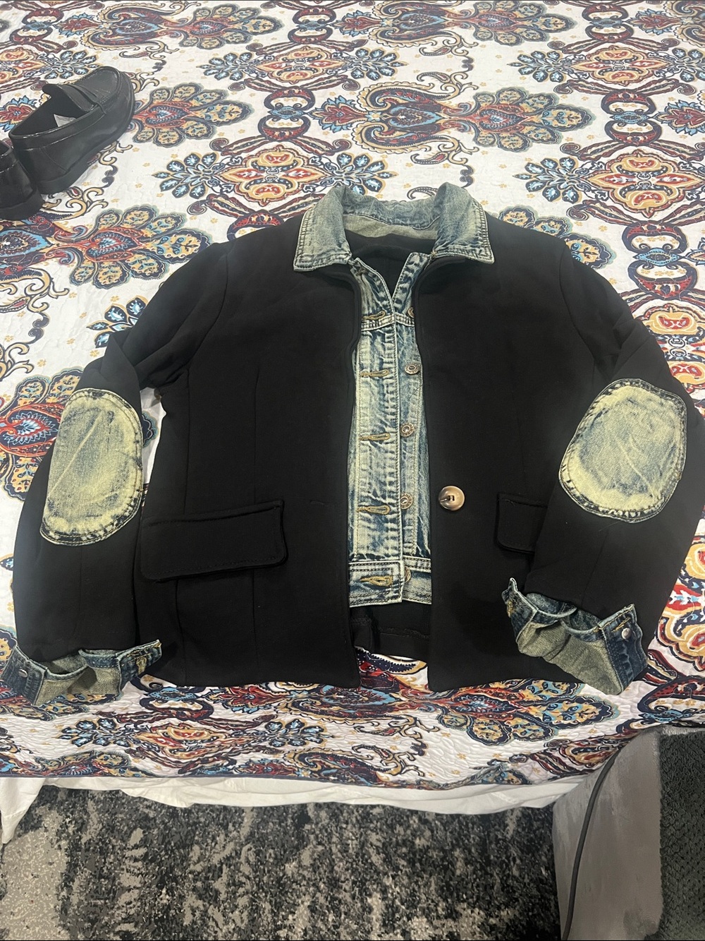 Black Jacket with Denim Trim - Women's Layered Look. Fits Like A Large. - Picture 3 of 4